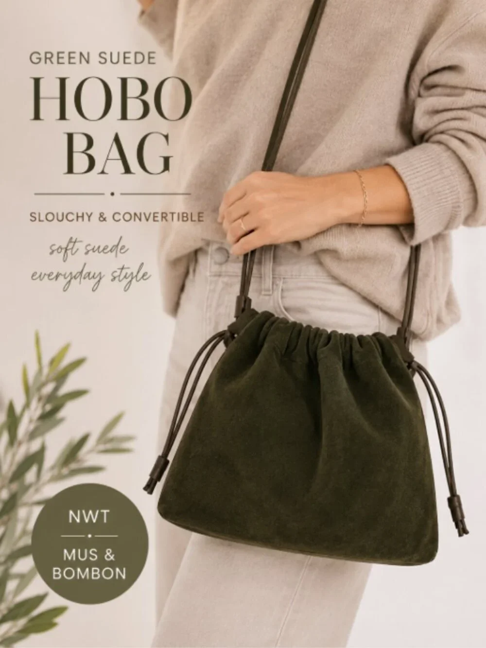 Green Suede Slouchy Hobo Bag Convertible Shoulder Bag NWT Mus & BomBon